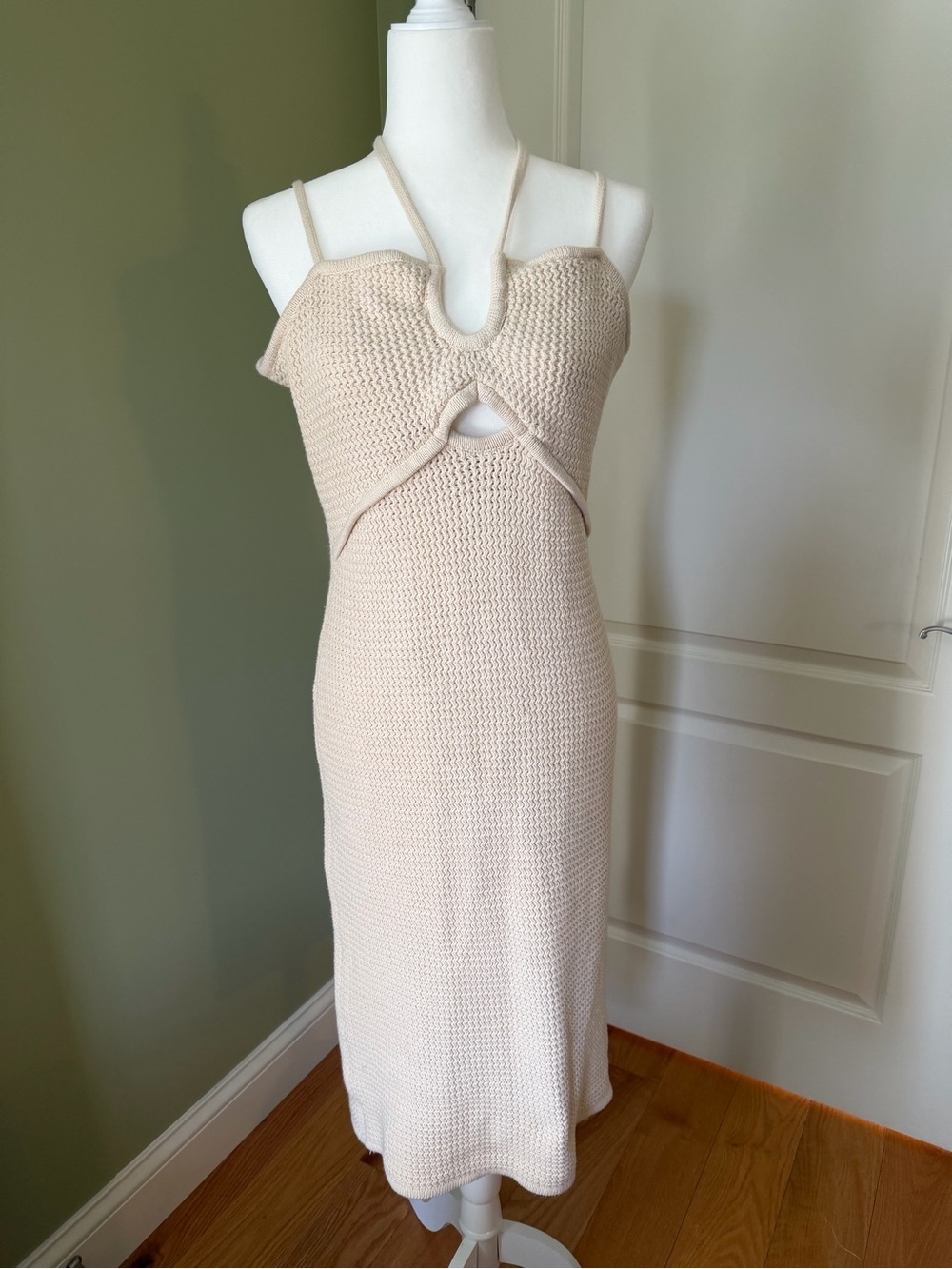 Beige Knit Cutout Midi Dress - Sleeveless Spaghetti Straps - Picture 1 of 3